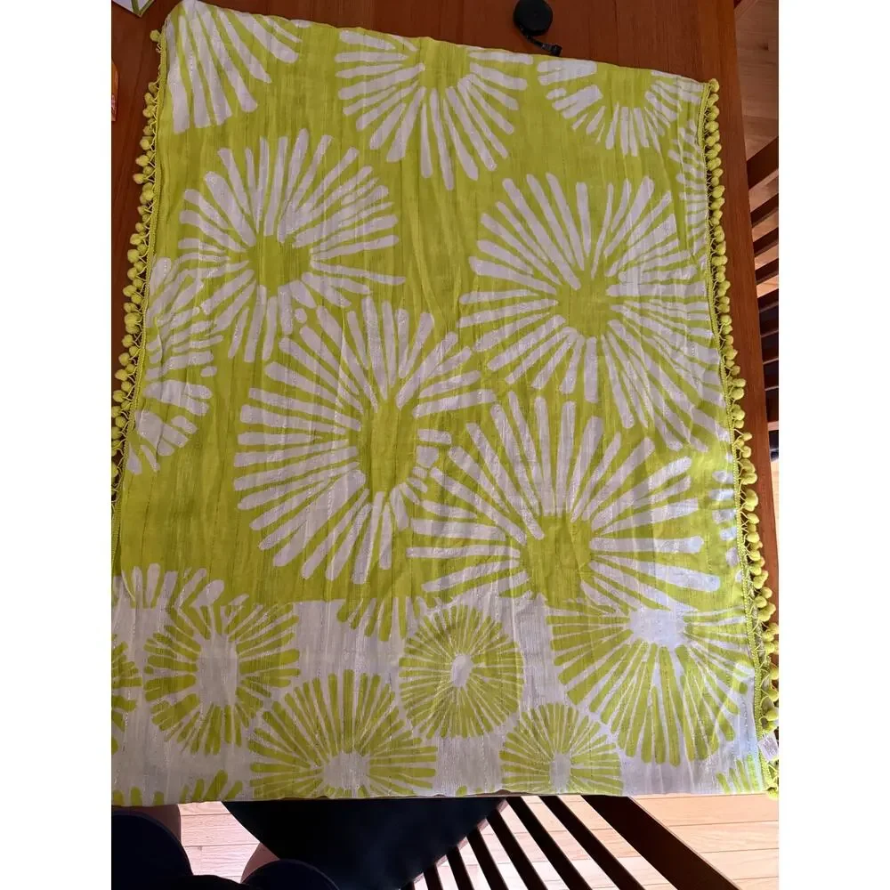 NEW LOFT Lime Green White Pom Pom Infinity Scarf Cotton Blend Metallic Shimmer